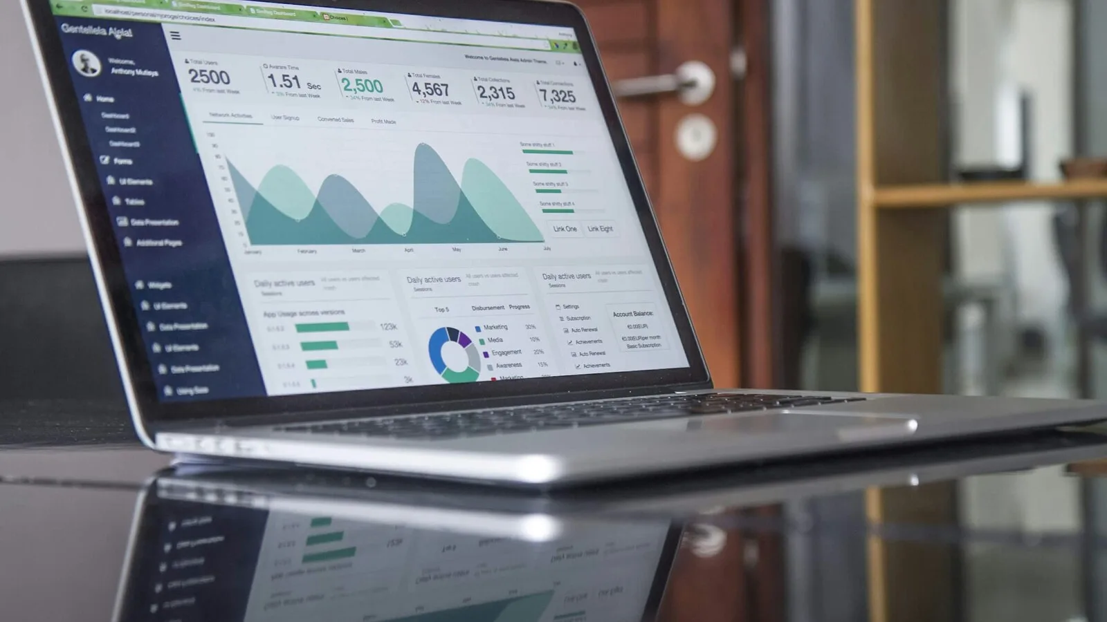 Laptop mit Analytics-Dashboard und Diagrammen auf einem Glas-Schreibtisch