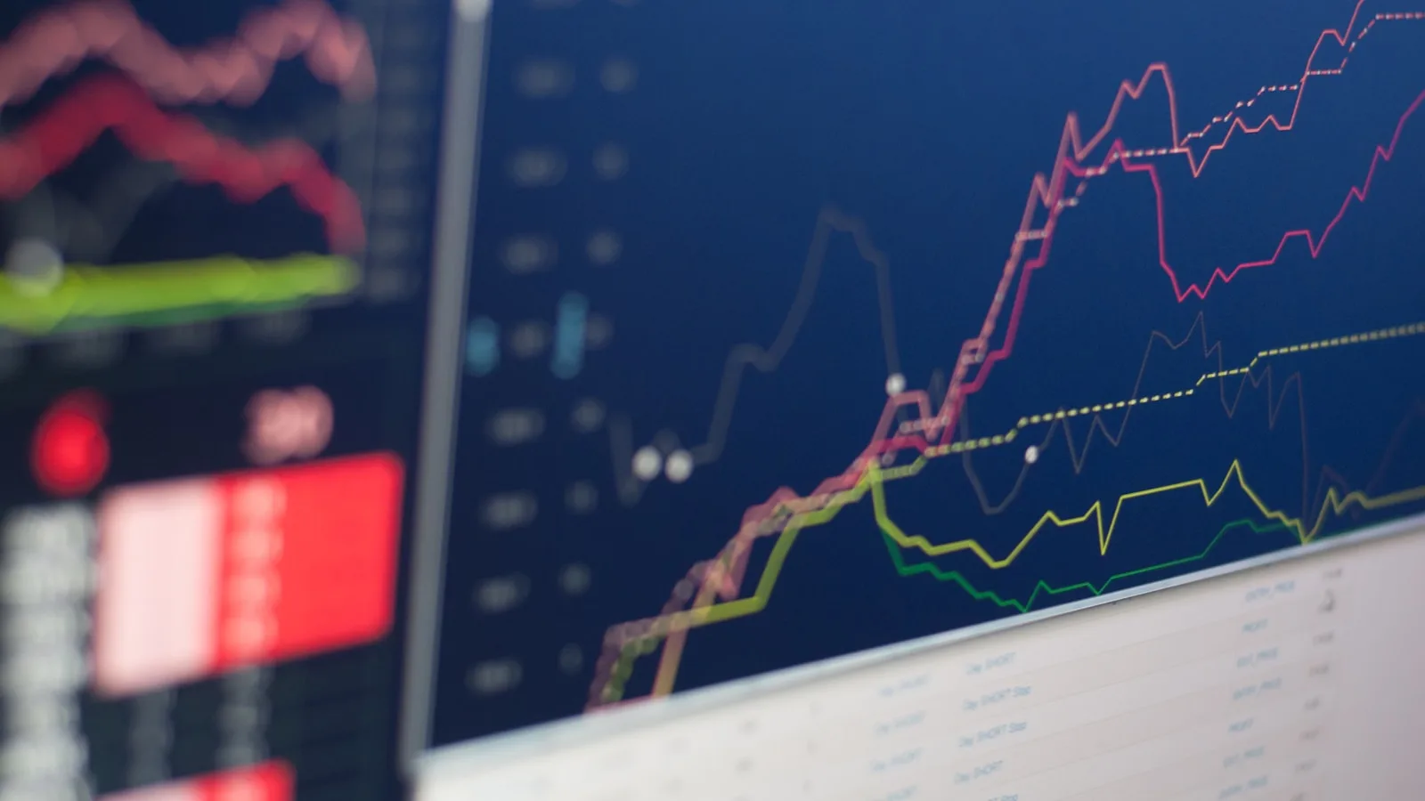 Mehrere aufsteigende Linien-Charts auf einem Monitor — Symbol für den Vermögensvergleich verschiedener Anlageformen